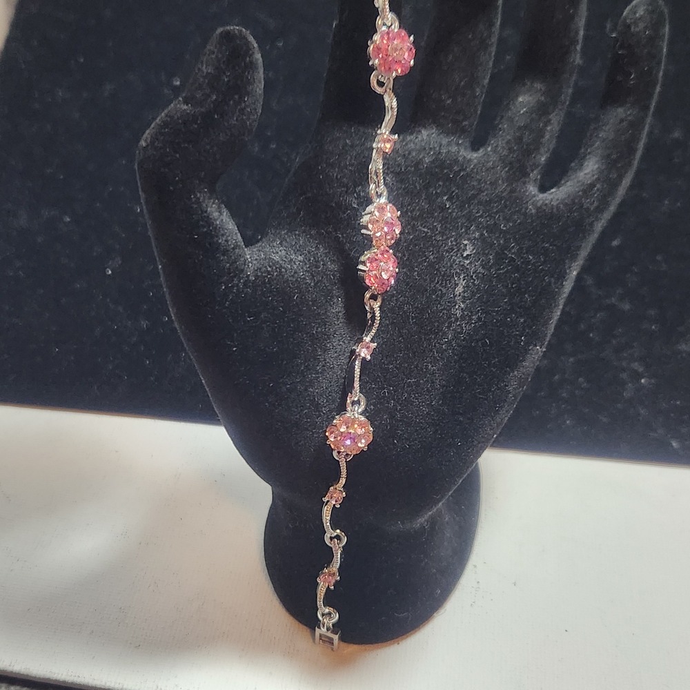 Silver Tone Pink Peach Crystal Floral Cluster Link Bracelet‎ 7 Inch